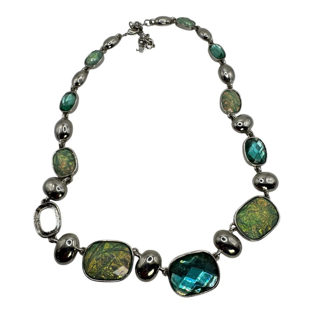 Statement Green Iridescent and Teal‎ Faceted Bead Necklace – Silvertone Chunky